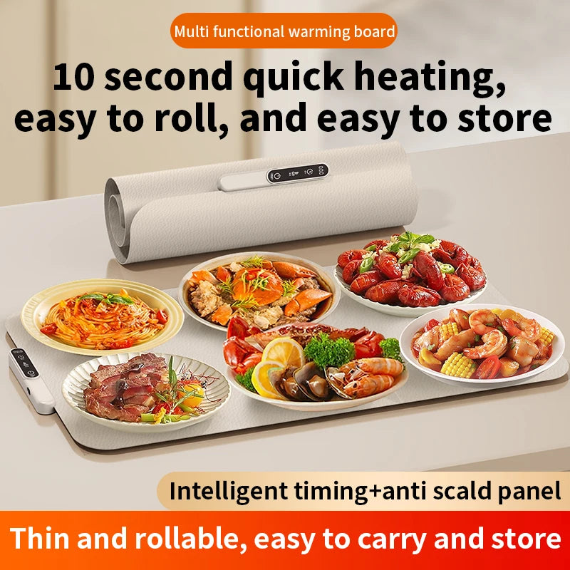 Rollable Food Warming Mat, 10s Fast Far Infrared Heating, Intelligent Timing, Anti-scald Insulation Pad, Home Meal Warmer