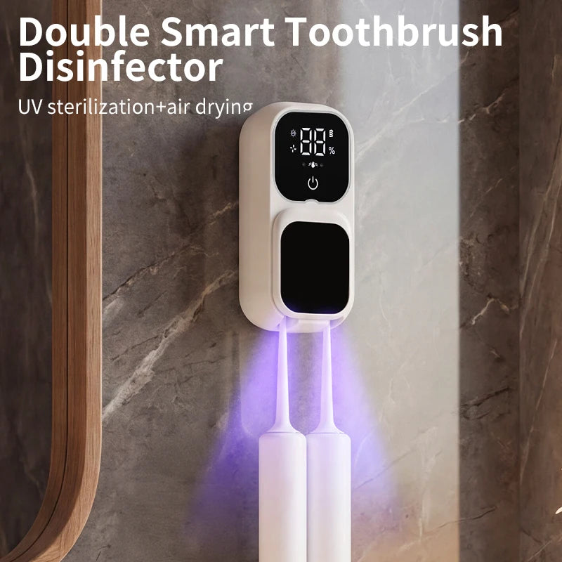 Rechargeable Smart Double Toothbrush UV Sterilizer Wall Mount Toothbrush Holder UV Disinfection & Air Drying Digital Display