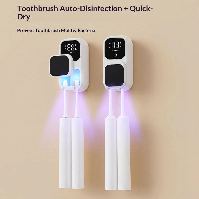 Rechargeable Smart Double Toothbrush UV Sterilizer Wall Mount Toothbrush Holder UV Disinfection & Air Drying Digital Display
