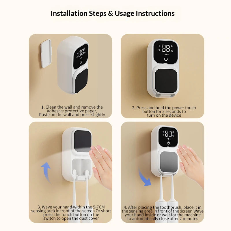 Rechargeable Smart Double Toothbrush UV Sterilizer Wall Mount Toothbrush Holder UV Disinfection & Air Drying Digital Display