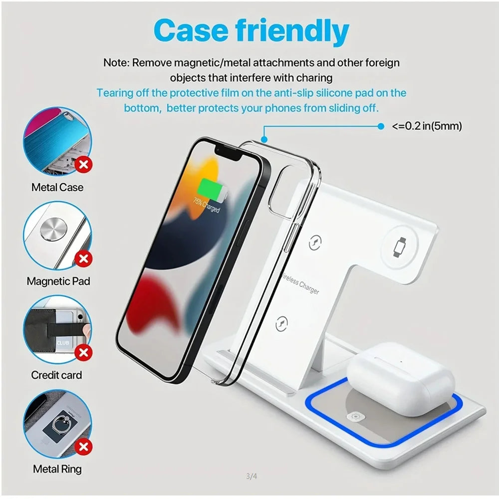 15W 3 in 1 LED Fast Wireless Charger Stand Foldable Charging Station For IPhone17-11 Apple Watch 9 8 7 6 5 Airpods Pro