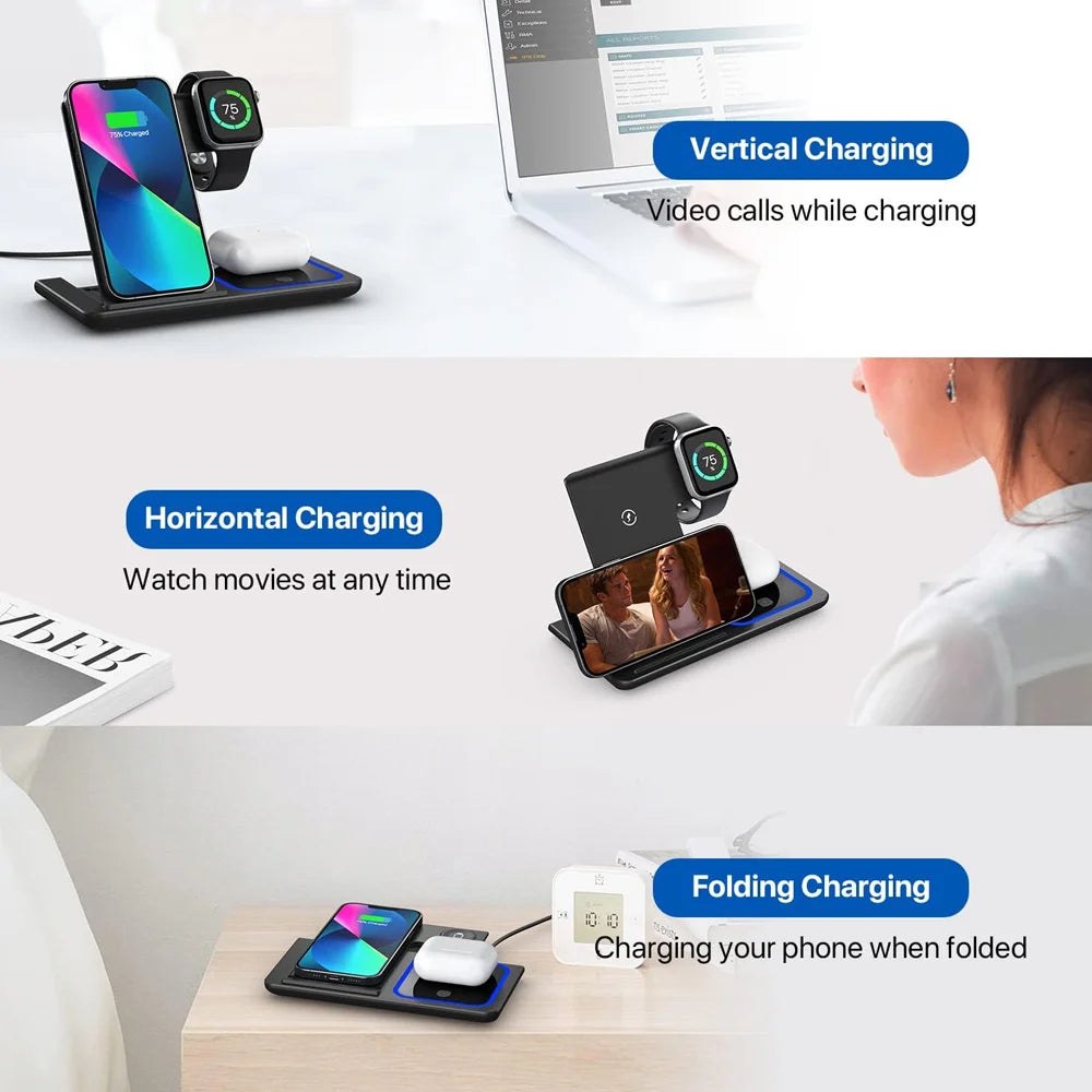 15W 3 in 1 LED Fast Wireless Charger Stand Foldable Charging Station For IPhone17-11 Apple Watch 9 8 7 6 5 Airpods Pro