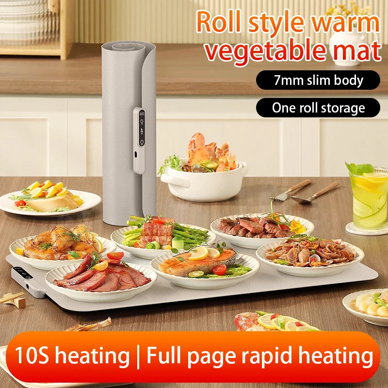 Rollable Food Warming Mat, 10s Fast Far Infrared Heating, Intelligent Timing, Anti-scald Insulation Pad, Home Meal Warmer