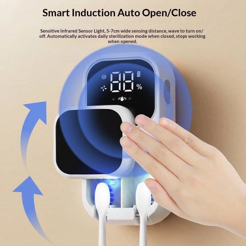 Rechargeable Smart Double Toothbrush UV Sterilizer Wall Mount Toothbrush Holder UV Disinfection & Air Drying Digital Display