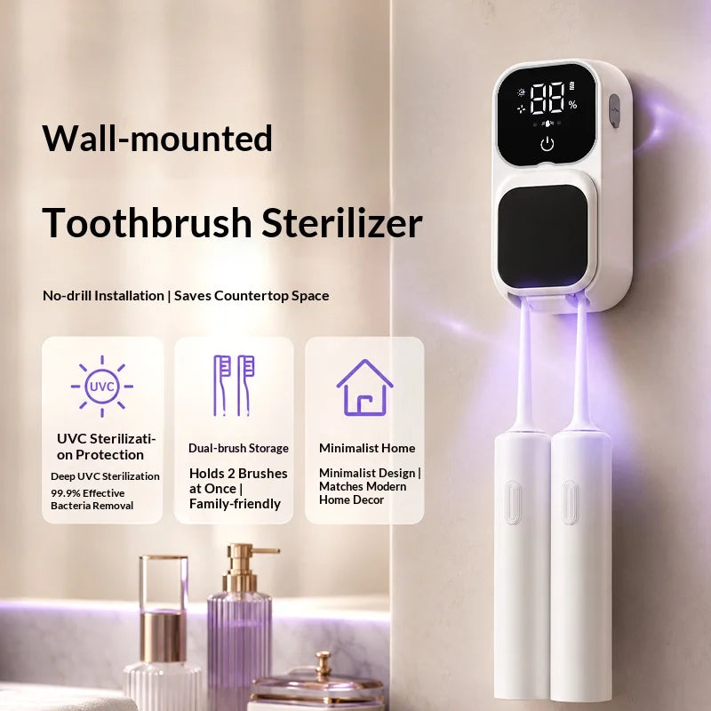 Rechargeable Smart Double Toothbrush UV Sterilizer Wall Mount Toothbrush Holder UV Disinfection & Air Drying Digital Display